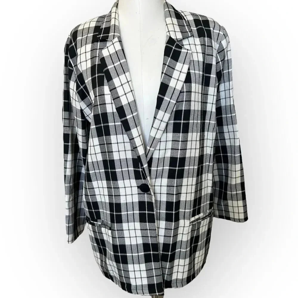 Vintage 90s Bobbie Brooks Light Black Cream Tartan Plaid Oversized Blazer 12/14